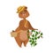 Girly Cartoon Brown Bear Character Wearing Straw Hat Collecting Raspberries From The Bush Into Wicker Basket