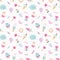 Girly pattern background with sweets and cute elements. Pastel pink and blue. Raster