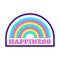 Girly Y2K patch. A sticker with a rainbow and the word Happiness. Text graphic element in bright acid colors. Nostalgia for the