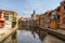 Girona skyline, cathedral and colorful houses along the Onyar river in the downtown, Catalonia, Spain