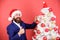 Give big cheer for New Year. Santa bearded man decorating christmas tree. It is time for festive decorations. Decorating