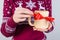 Give gift for corporate colleague concept. Cropped close up photo of small simple present for people person hold in hand isolated