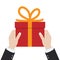 Give a gift. A man holds a red gift box with an orange ribbon in his hands.Giving, receiving surprise. Vector illustration flat