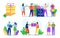 Give holiday gift set, vector illustration. Man woman people character present celebration box each other, isolated on