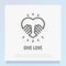 Give love thin line icon. Hands holding heart. Symbol of child adoption, support and charity. Logo for donation community. Modern