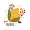 Give thanks card with cartoon corn, flowers for Thanksgiving day greeting hand drawn illustration. Cute autumn harvest