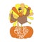 Give thanks lettering. Dancing turkey on pumpkin. Cartoons funny orange brown banner for Thanksgiving day