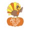Give thanks lettering. Turkey on pumpkin. Cartoons funny orange brown banner for Thanksgiving day art design