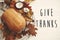 Give Thanks sign, Happy Thanksgiving text on Pumpkin,candle,fall leaves,berries,nuts,acorns on sweater. Seasons greetings card.