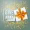 Giveaway advertisement banner with realistic open gift box, decorative gold bow and confetti, vector illustration