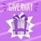 Giveaway announcement poster - big purple gift box with ribbon bow and text