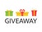 Giveaway banner with bright gift boxes. Social media background. Giveaway Christmas winner. Design elements for business