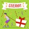 Giveaway banner with man pulling gift bo, flat cartoon vector illustration.