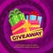 Giveaway banner template. Winning offer, gifts or sale winner card. Minimal bright poster with colorful surprise boxes