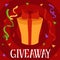 Giveaway gift poster with cartoon present box and confetti on fun red background