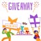 Giveaway poster with cartoon people holding gift boxes running away