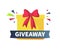 Giveaway poster. Give presents concept. Cartoon square yellow box with red ribbon bow and confetti. Congratulate winners