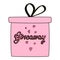 Giveaway template. Banner, poster for festive online prize contest, competition. Pink box with hearts and shiny ribbon. Hand drawn