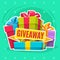 Giveaway winner poster. Different colorful gift boxes with bows, presets composition. Congratulate and promotional