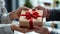 Giving a business gift, hand of two business professionals in a moment of gifting, Generative AI
