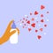 Giving and sharing love concept with hand holding dispenser and spraying heart shapes