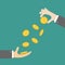 Giving taking Hands with falling down golden coin money dollar sign. Helping hand concept. Business support credit icon set. Flat