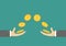 Giving and taking Hands Flying golden coin money dollar sign. Helping hand concept. Flat design style. Business support credit ico