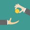 Giving taking Hands with golden coin money dollar sign. Helping hand concept. Flat design style. Business support credit icon set.