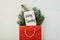 Giving Tuesday concept. Minimal flat lay with handwriting text Giving Tuesday in red gift bag and fir tree branches on pastel