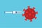 Giving a vaccine to a red virus to prevent infections. Using a syringe to vaccinate covid-19 virus concept vector. Killing