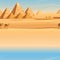 Giza Egyptian Pyramids desert landscape with camels flat vector illustration horizontal image