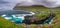 Gjogv gorge and town on the island of Eysturoy in the Faroe Islands. Panorama