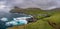 Gjogv gorge and town on the island of Eysturoy in the Faroe Islands. Panoramic view