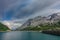 Glacial dam lake ultra long exposure. Lago di Fedaia, Dolomites