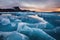 Glacial landscape. Large chunks of blue ice in the ocean