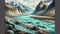 A glacial meltwater river, turquoise and swift. Nature Painting, Generative Ai