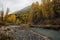 Glacial mountain lake in autumn landscape in Alaska