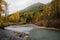 Glacial mountain lake in autumn landscape in Alaska