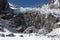 Glacier above dangerous rocky cliff, Himalayas, Nepal