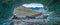 Glacier Blue Crystal Ice Cave with mountain view. inside an Amazing icecave, panoramic background.