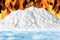 Glacier covered with snow on frozen water against a background of burning flames