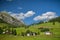 Glacier express train on Albula line close to Bergun in Switzerland