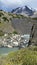 Glacier-fed stream below Torres del Paine snow-capped peaks