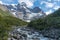 Glacier melt river and mountain