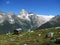 Glacier National Park Alpine Mountain Hut with Illecillewaet Glacier from Abbott Ridge Trail, British Columbia, Canada