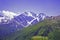 Glacier Seven and pastoral view on mountains in valley near Elbrus