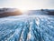 Glacier surface details viewed from above with crevasses and seracs, drone aerial view of VatnajÃ¶kull in Iceland, largest