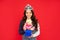 glad child in queen crown. princess in tiara hold box. kid with present. teen girl