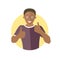 Glad, joyful, cheerful black boy in glasses. Flat design icon of handsome african man with thumbs up. Cool, joy, optimistic emotio