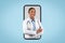 Glad millennial black lady doctor with crossed arms on big phone screen